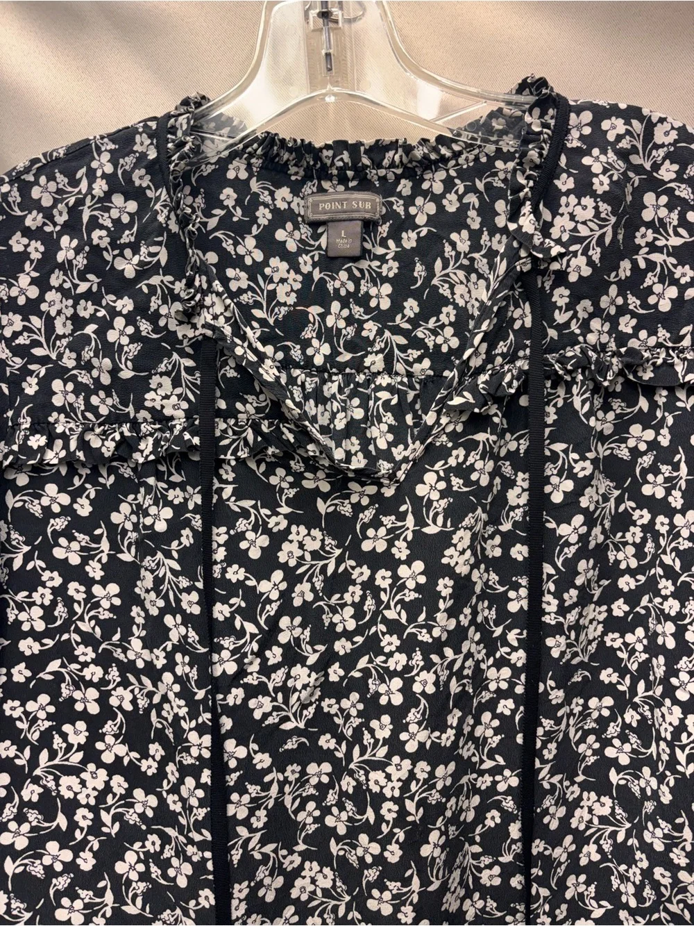 Point Sur by J Crew Black & White 100% Silk Floral Blouse Size Large